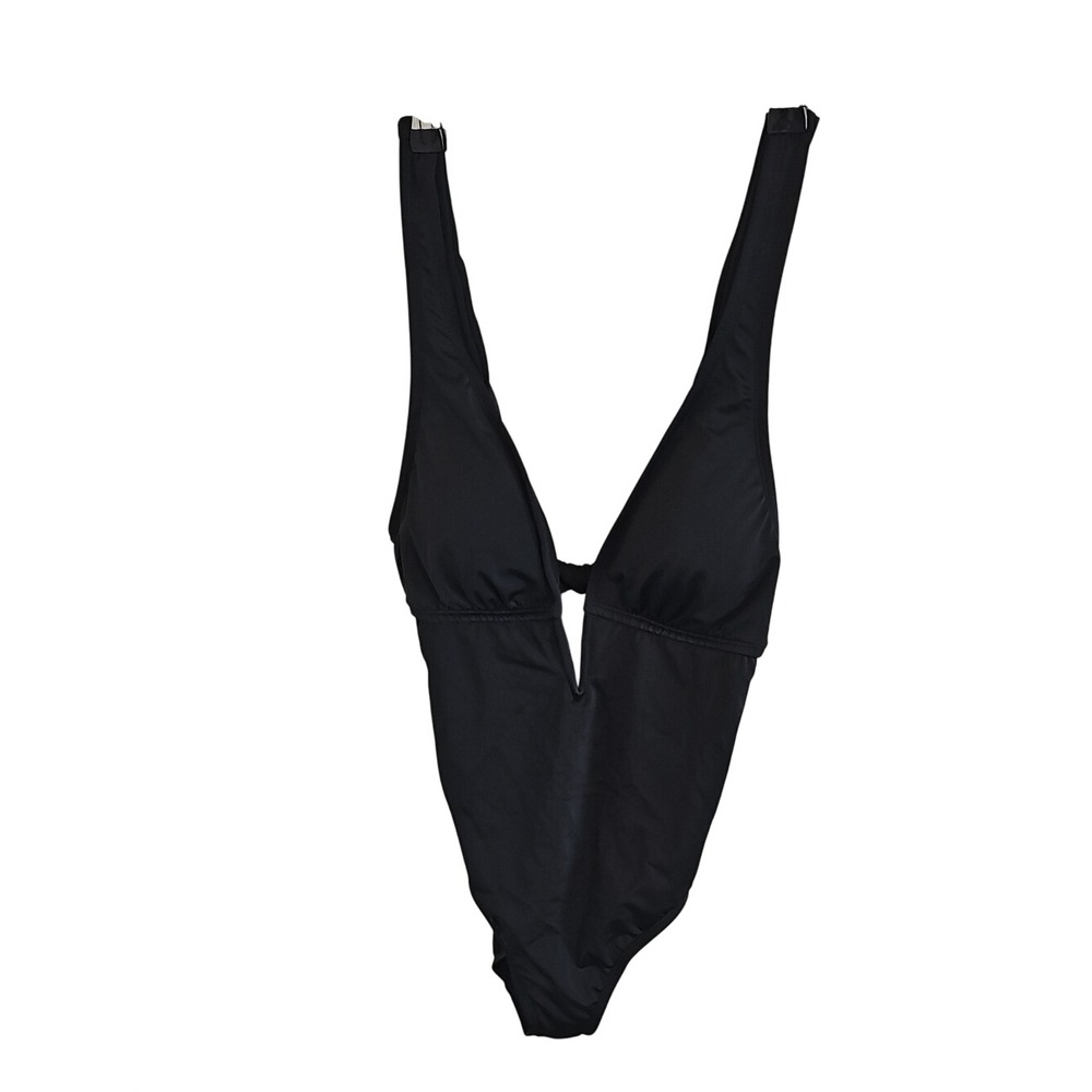 Women Black Plunge One-Piece Swimsuit Small